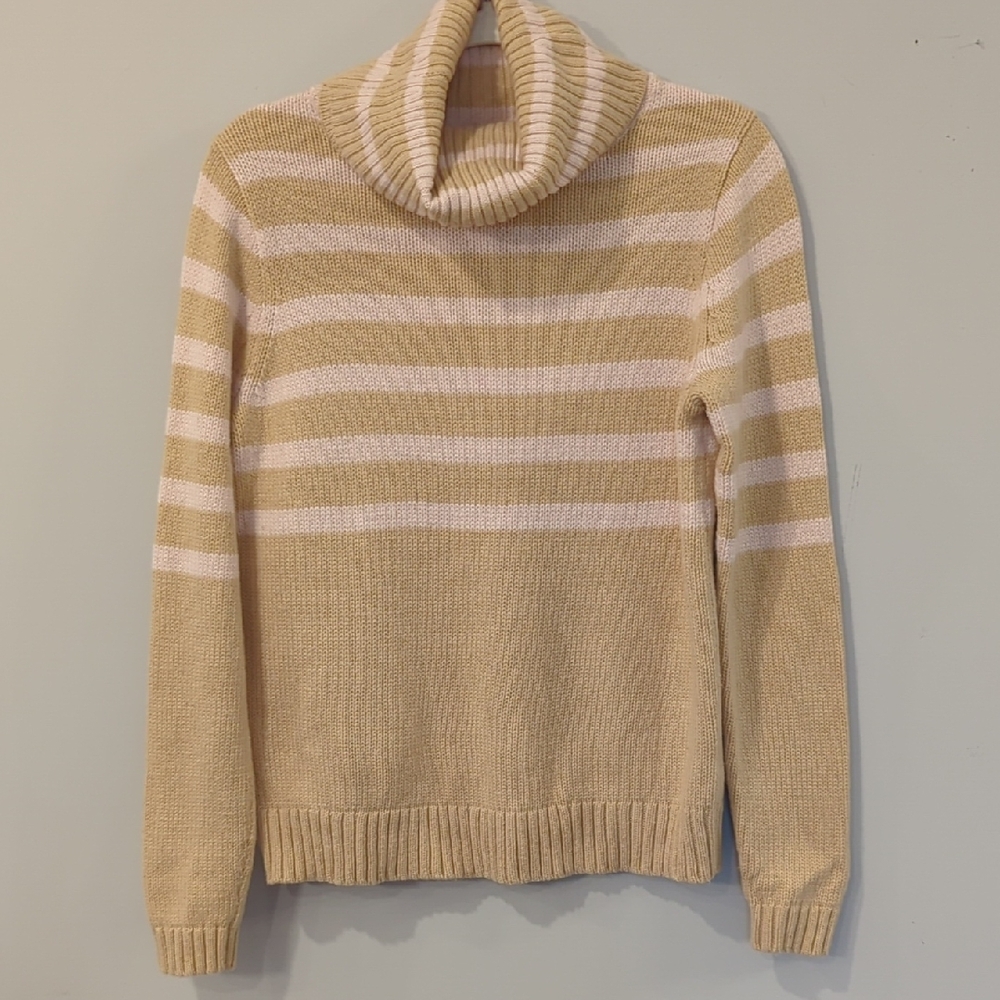 J. Crew Turtle Neck Sweater‎ Tan Pink Striped size Medium Wool Cotton